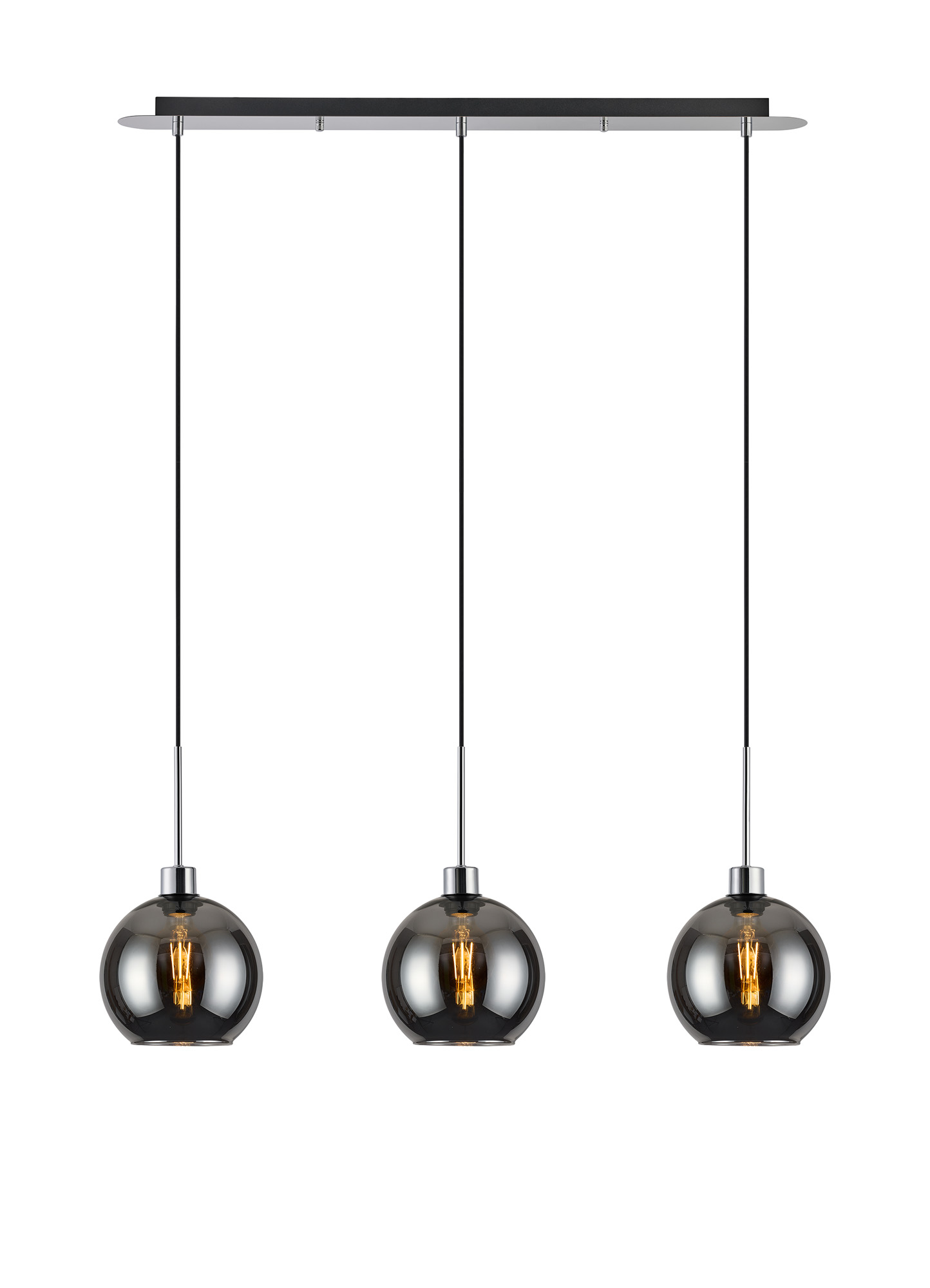 DK1303  Lori Linear Pendant, 3 Light Adjustable E27, Polished Chrome/Chrome Open Mouth Round Globe Shades